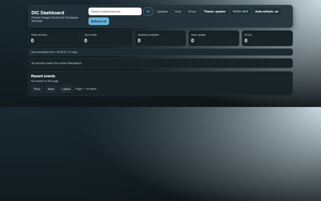 DIC dashboard in dark mode showing Docker Compose services and image update status